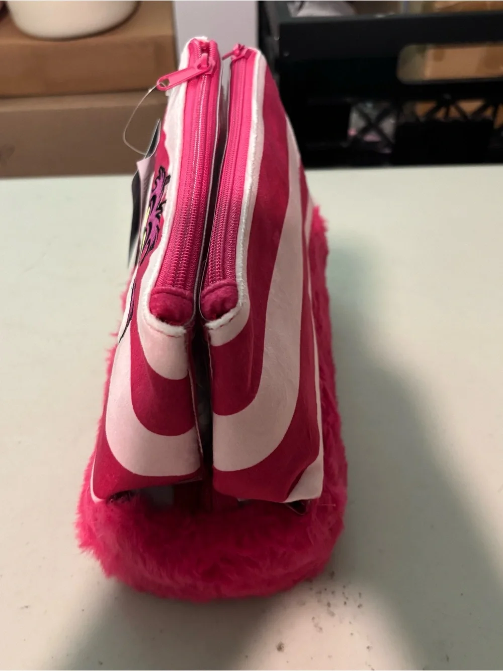 Disney Cheshire Cat Pink Striped Plush Zip Pouch new